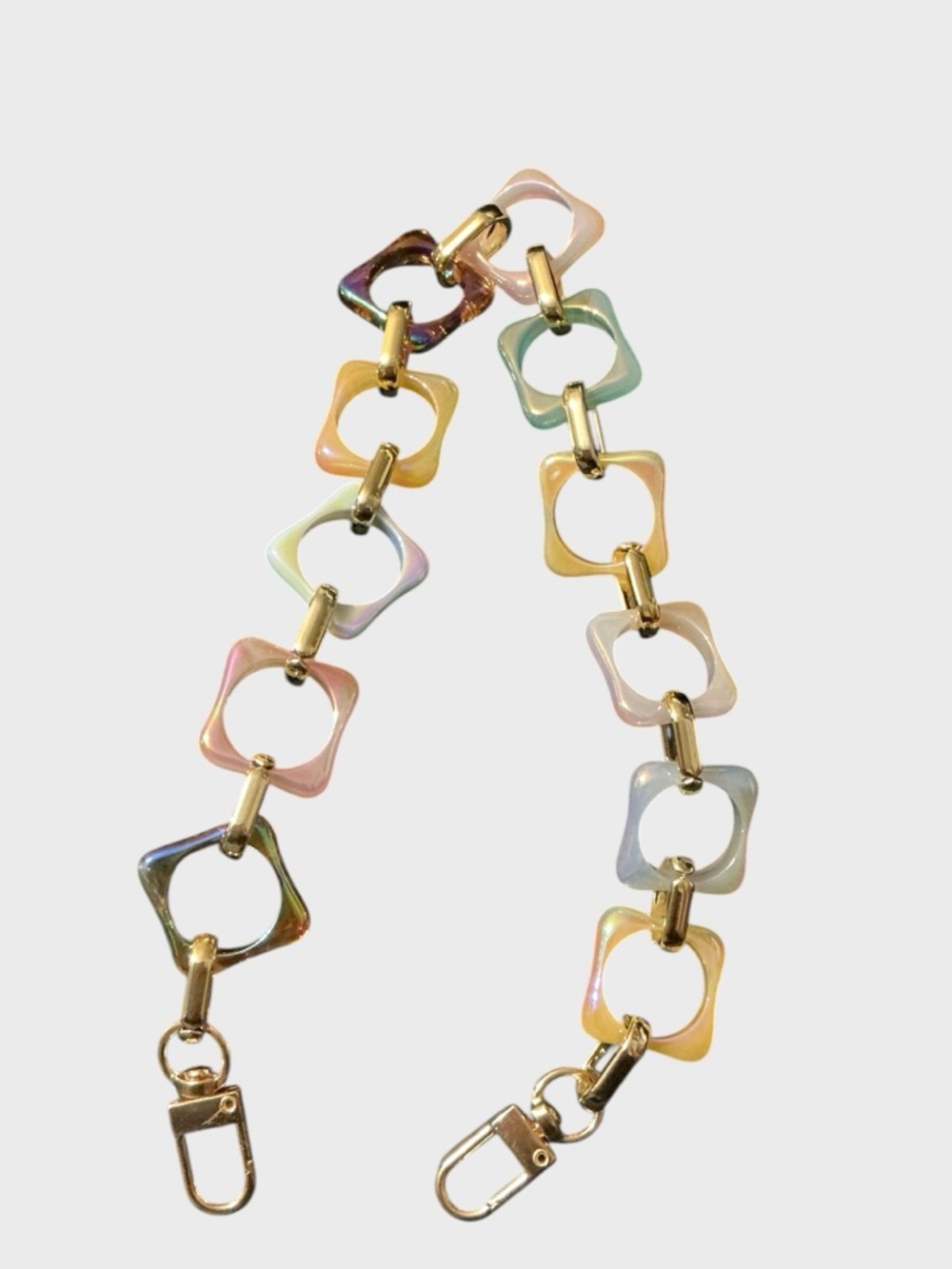 Iridescent Rainbow Resin Bag Chain 16” Gold Tone Pastel Strap